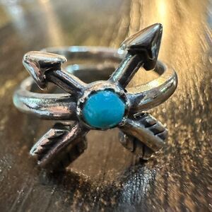 Boho Native American Friendship Arrow Adjustable Sterling Silver Turquoise Ring